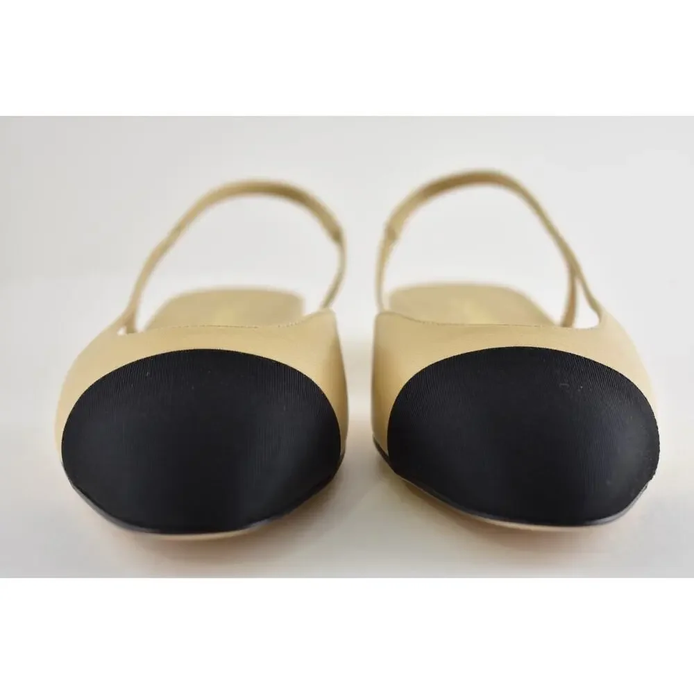 Chanel REV Beige Leather Black Cap CC Logo Coco Sling Slingback Ballet Flat 42.5